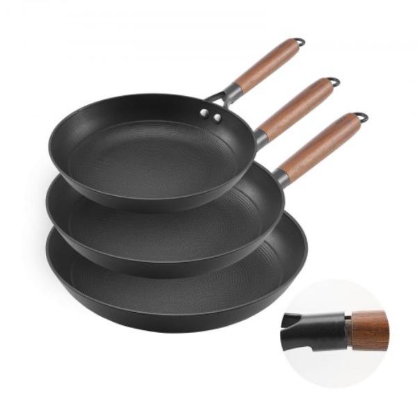 Picture of Vevor ZTCG81012INC606UR001V0 Cast Iron Skillet - Frying Pan Set - 8-10-12 in. - Nonstick Skillets - Detachable Wood Handle - Pre-Seasoned - Black - 3 Piece
