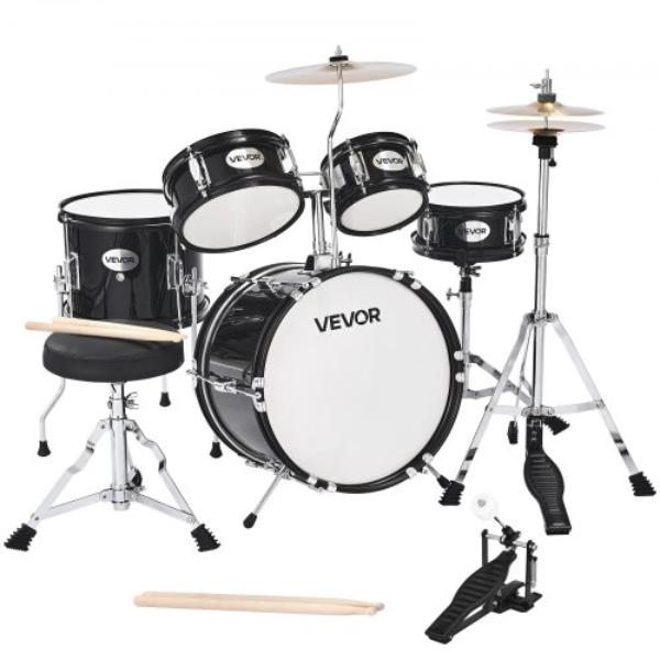 Kids Drum Set - Junior Drum Set - Black - Beginner Drums Set with Adjustable Throne - Cymbal & Drumsticks - 5 Piece - Pack of 2
