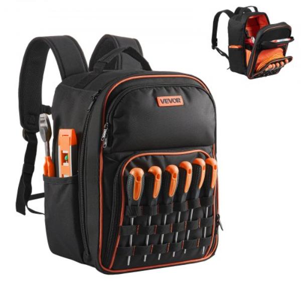 Tool Backpack - 49 Pockets - Heavy-Duty Tools Storage Organizer - Work Bags with Laptop Compartment - Electrician Jobsite Backpack - Black & Orange