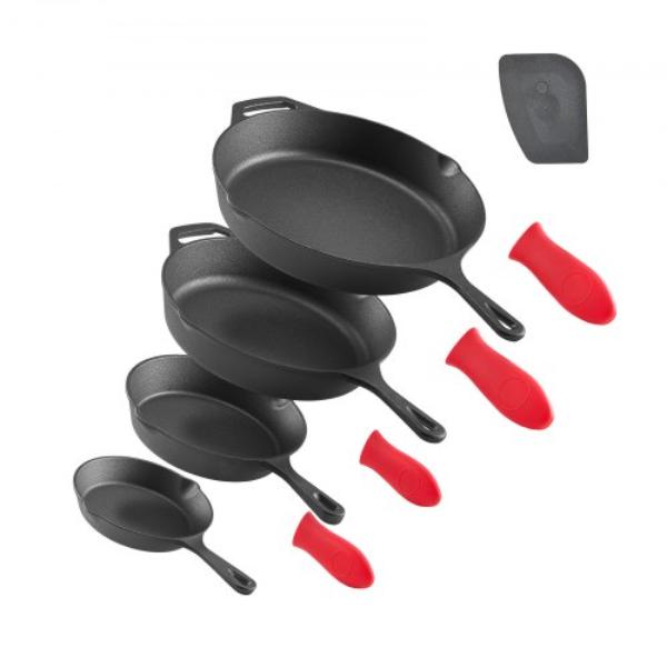 Picture of Vevor ZTCGSJTCT681923OS001V0 Cast Iron Skillet - Frying Pan Set 6-8-10-12 in. - Black - Pre-Seasoned Chefs Pan with Heat-Resistant Silicone Handle for Oven - Gas - Electrical - Induction - 4 Piece
