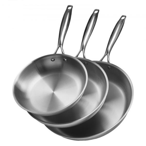 Picture of Vevor BXGCGSJTBXG8CNBK6001V0 Tri-Ply Stainless Steel Frying Pan Set - 8-10-12 in. - Silver - Cooking Skillet with Heat-Resistant Handle - Chefs Kitchen Cookware - Oven - Gas - Electric - 3 Piece