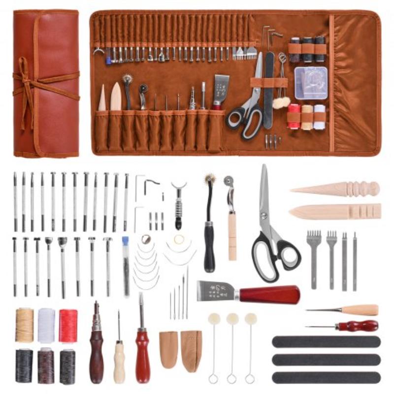 Leather Working Tools Kit - Leather Craft Tools with Portable Leather Storage Bag - Ideal for Beginners DIY Enthusiasts & Professionals - 72 Piece