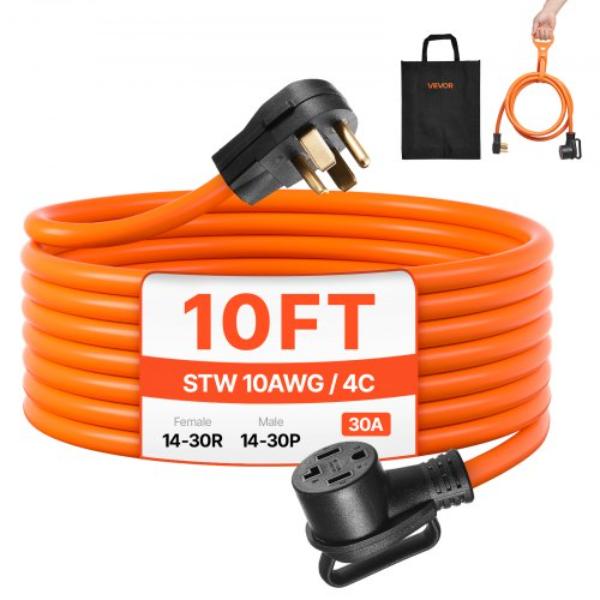 10 ft. Dryer Extension Cord - 4-Prong NEMA 14-30P to 14-30R Dryer Cord - 125 & 250V - STW 10AWG-4C - 30A - Pure Copper Wire Cable