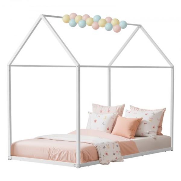 Twin Size House Bed Frame - Metal Kids Floor Bed Frame with Roof - Heavy Duty Steel Slats Support - House Shape Bedframe for Girls & Boys - White