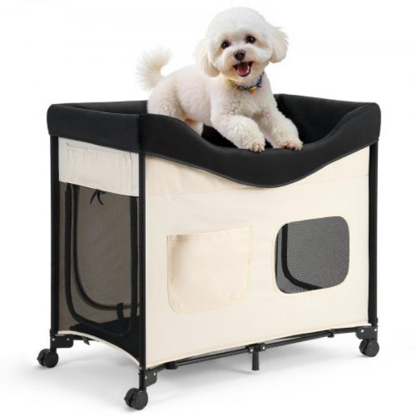 GJGCSCGJLWTZ7U2YO001V0 Elevated Lounge Pet Bed - Foldable Bunk Dog Bed with 600D Oxford Cloth & Dutch Velvet for Cats & Dogs - Beige - Large