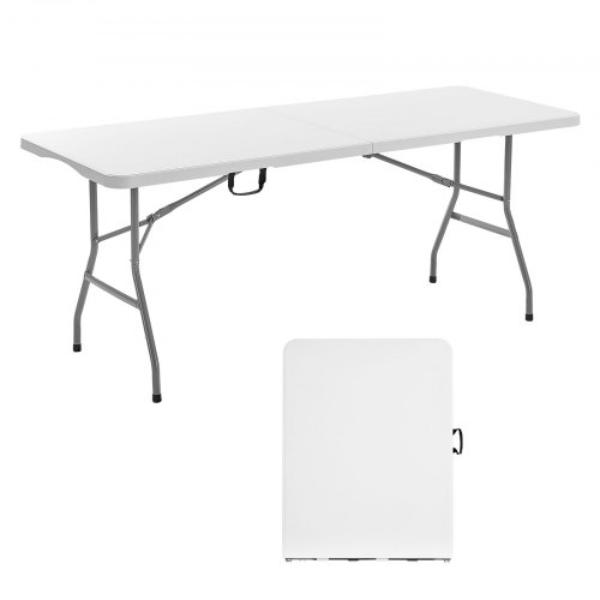 Folding Table - 6 ft. Heavy Duty Portable Fold-in-Half Utility Table - Indoor Outdoor Plastic Rectangle Table with Built in Handle - White