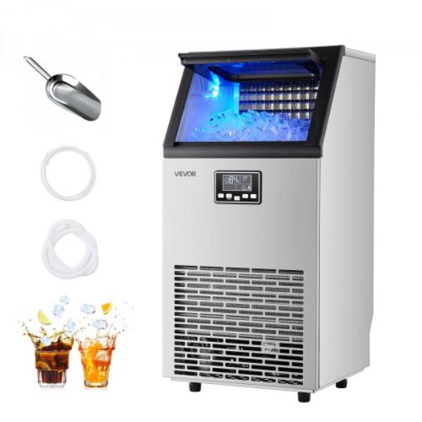 Picture of Vevor SYYTSFBZBJX2EARML001V1 Commercial Ice Maker Machine - 100 lbs with 28 lbs Storage - 45 Cubes per Cycle - Stainless Steel Freestanding & Under Counter Ice Maker