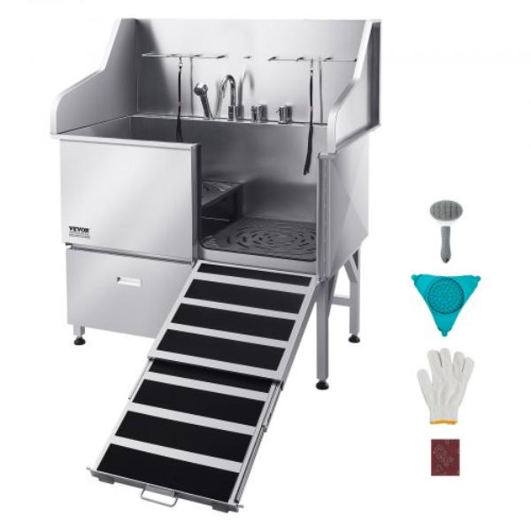 304 Stainless Steel Dog Washing Station - 50 in. Pet Grooming Tub with Non-Slip Low-Slope Ramp - Storage Drawer for All Sizes Right Door