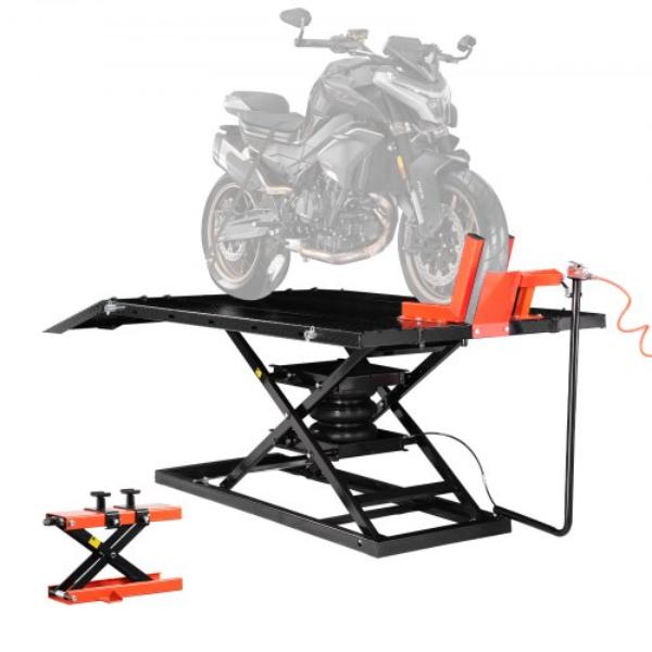 Motorcycle Lift Table - 1500 lbs - Pneumatic Motorcycle Jack - 8.6-31 in. Range - Heavy Duty Bike Repair Stand with Removable Workbench