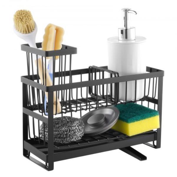 Kitchen Sink Caddy Organizer - 2 Tier Sponge Holder with High Brush Holder & Divider - Storage Rack with Rotatable Drainage Spout