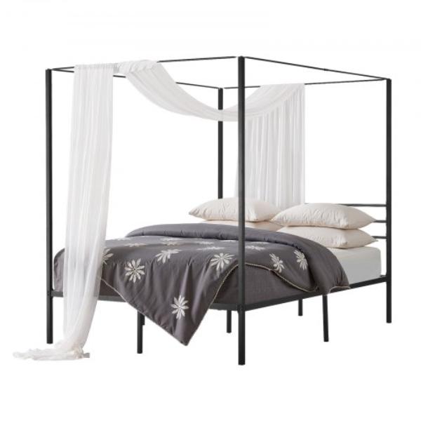 Queen Size Canopy Bed Frame - Metal Canopy Bed - Black - Heavy Duty Steel Slats Support - Underbed Storage Space - Easy Assembly