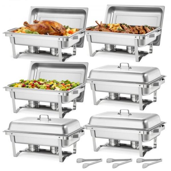 Picture of Vevor ZFXCL6JT9QTYNY4QN001V0 9 qt. Rectangle Chafing Dish - Stainless Steel Food Warmer Chafer Set with Hollow Handle - 3 Food Tongs - Lid - Fuel Holder for Banquet Party Wedding - Pack of 6