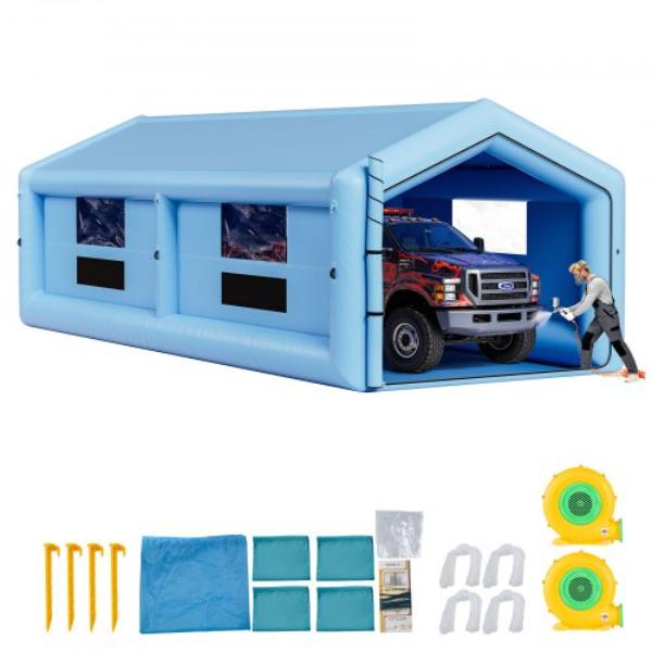 Inflatable Paint Booth - 39.37 x 16.40 x 13.12 ft. - Inflatable Spray Booth with 950 & 1100W Blowers - Air Filter System - Triangular Roof