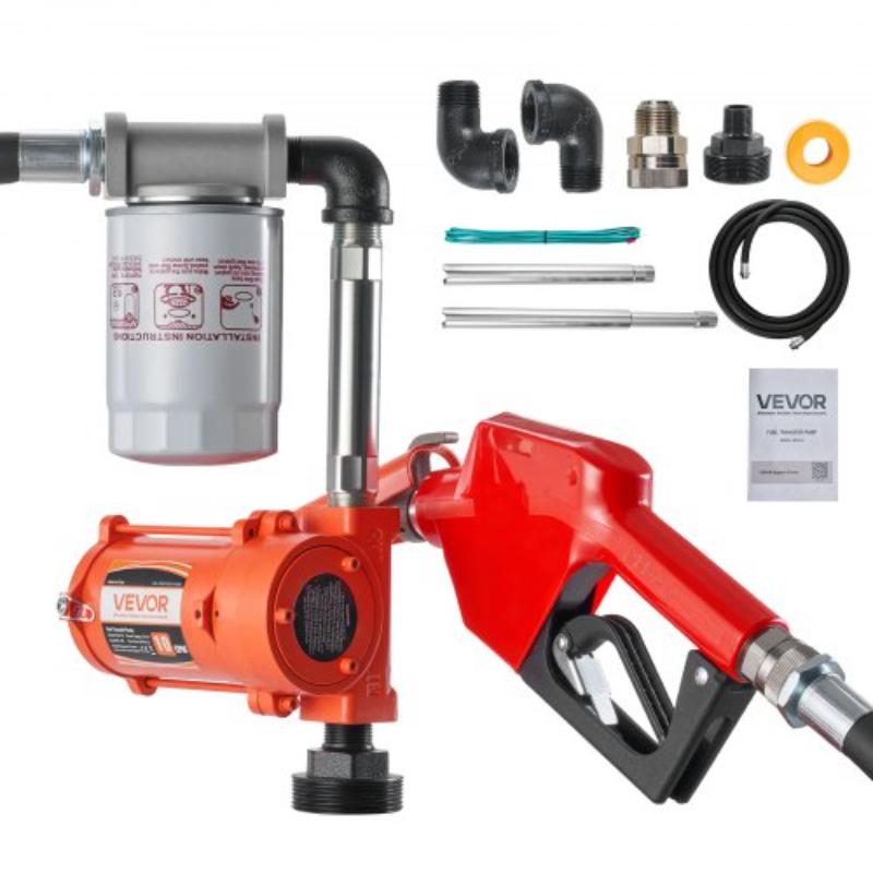 Fuel Transfer Pump - 12VDC 10 GPM - Portable Diesel Transfer Pump Kit with Auto Shut-Off Nozzle - Discharge Hose - Overheat Protection - Power Cable