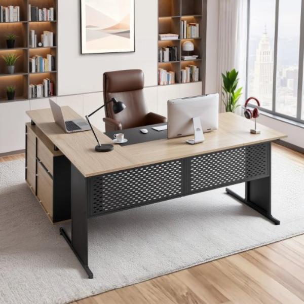 L-Shaped Executive Desk - Modern Reversible Office Table with Drawers & Storage Cabinet - Heavy Duty Large Wooden Table - 350 lbs - Easy Assembly