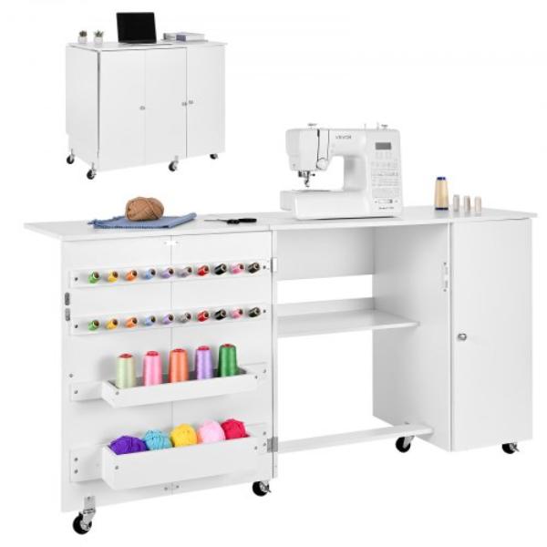 FRZJYXXKZDHJKO35F001V0 Folding Sewing Table - Multipurpose Sewing Machine Table with Cabinet - Compact Design - White