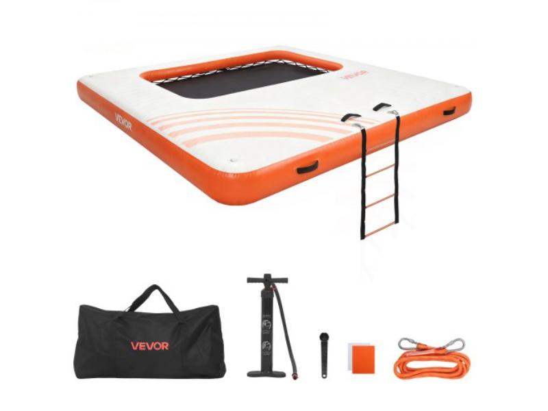 White & Orange Inflatable Floating Dock - 10 x 10 ft. Non-Slip Water Air Mat with Carrying Bag & Detachable Ladder - Platform for Pool Beach Ocean