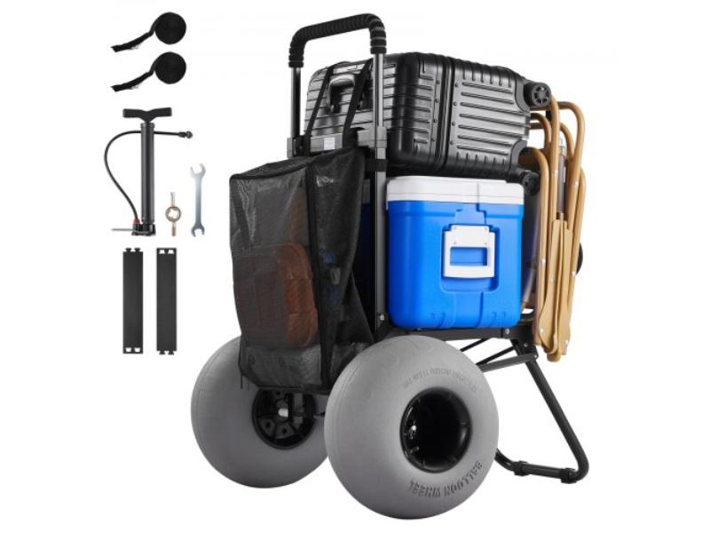 Black Beach Dolly - Heavy Duty Cart for Beach Camping - 18 x 15 in. Cargo Deck - 165 lbs Loading Capacity - 34 in. to 45 in. Adjustable Height