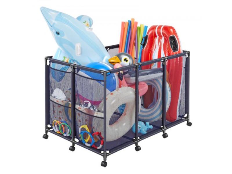 Pool Storage Bin - 48.8 x 32.7 x 32.7 in. - Rolling Pool Float Organizer - Heavy-Duty Metal Frame - Side Pockets & Casters - Mesh Basket - Black