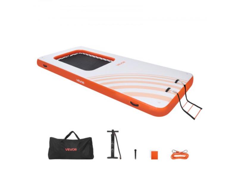 Inflatable Floating Dock - 15 x 6.5 ft. Non-Slip Water Mat - Carrying Bag & Detachable Ladder for Pool, Beach & Ocean - White & Orange