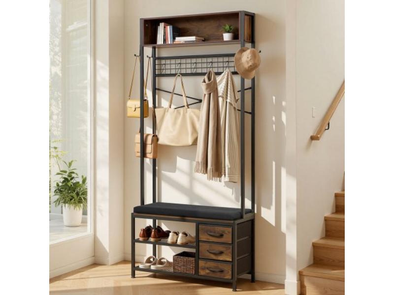Hall Tree - 70.9 in. Coat Rack with Shoe Bench & 3 Drawers - 3-in-1 Storage Organizer - Bookshelf & Wire Shelf for Entryway, Bedroom & Closet