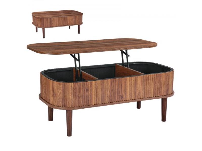 Lift Top Coffee Table - 39.4 in. Fluted Oval with 3 Hidden Compartment - Mid Century Wooden Center Desk with Storage - Lift Up Tabletop - Walnut