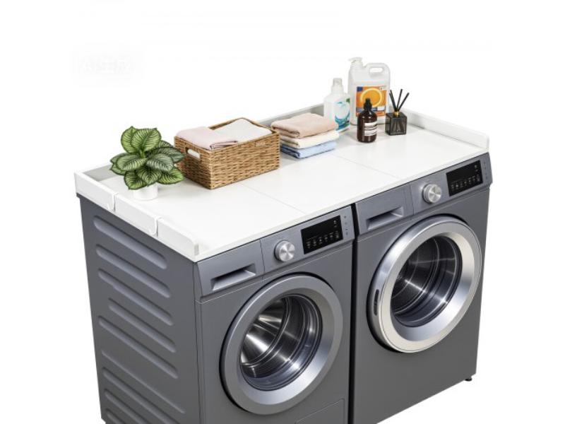 Washer Dryer Countertop - 54 x 27.5 in. Wooden Topper with Edge & 2 Hooks - Water-Resistant for Laundry Closet & Pantry Organization - White
