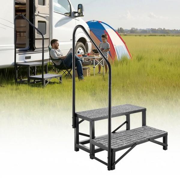 RV Steps with Handrail, 2 Step Heavy Duty Outdoor RV Stairs, 660 lbs Capacity, Non Slip Mat, Portable Stairs for Elderly & Pets