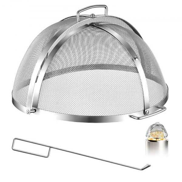 Fire Pit Spark Screen, 19 in. Dome Stainless Steel Mesh Cover Lid with Handles & Poker, High Temperature Resistant Spark Guard, Silver