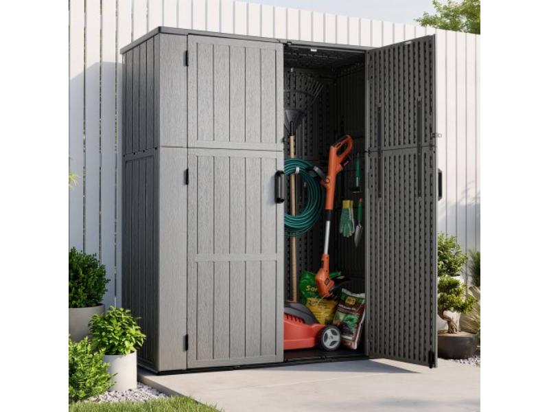 Outdoor Storage Shed - 59 cu. ft. Vertical Resin Storage Cabinet - Waterproof - Lockable Doors & Floor for Garage, Backyard & Patio - Gray