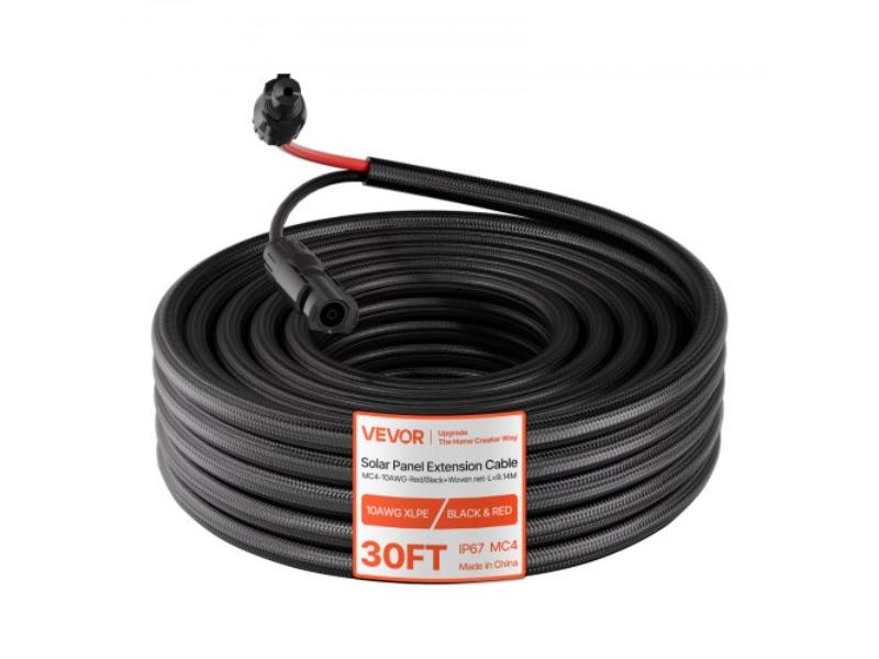 Solar Panel Extension Cable - 10 AWG - IP67 Waterproof PV Wire with Flame Retardant Protective Sleeving for Outdoor Automotive RV - Black & Red