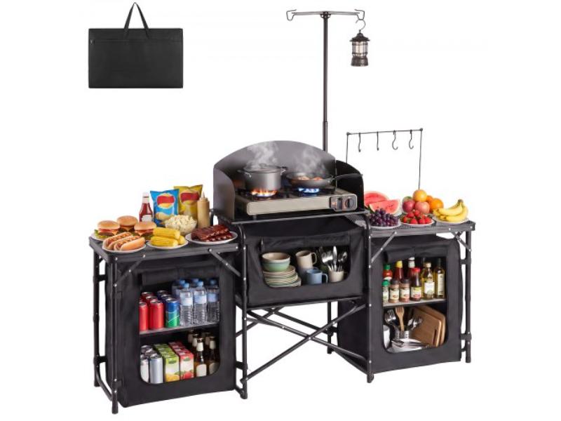 Folding Camping Table - Portable Outdoor Kitchen Cook Station with Storage Organizer - Telescoping Legs - Detachable Windscreen - Carrying Bag