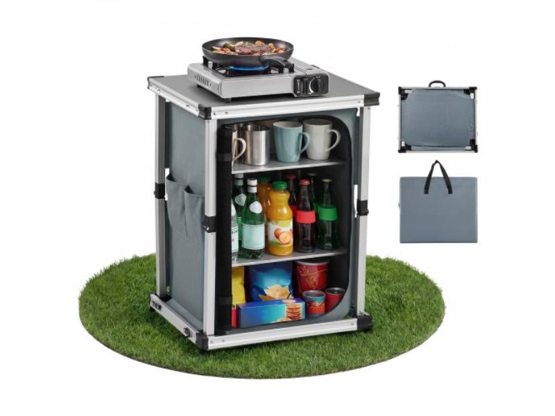 Folding Camping Storage Cabinet - Portable Aluminum Table - Quick Set-up Compact Kitchen Cook Station with 3 Shelves for Picnic - BBQ - Camping & RV