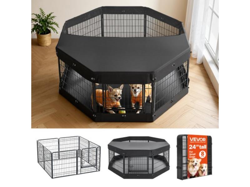 Dog Playpen - 24 in. 8 Panels Heavy Duty with Top Cover & Bottom Pad - Indoor Foldable Metal Exercise Pen for Dogs - Cats & Small Animals, Black