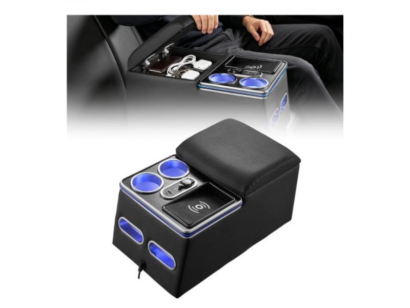 Universal Rear Bench Seat Center Console with 7-Color Ambient Lights - Wireless-USB-Cigarette Lighter Charging for MPV - Sedan - SUV