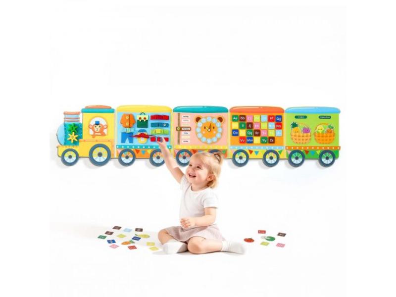 Felt Wall Busy Board - 14-in-1 Train Foldable Montessori Activity Toy for Travel - Daycare - Classroom & Home - Educational Sensory Panel