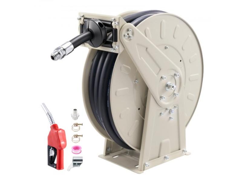 Fuel Hose Reel - 0.75 in. x 50 ft. - Retractable - Spring Driven - 300 PSI Heavy-Duty Carbon Steel with Rubber Hose for Diesel Fuel & Kerosene