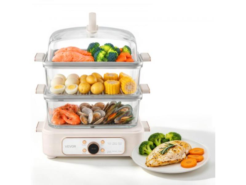 Electric Food Steamer - 10.6 qt. Glass - 3-Tier Stainless Steel Trays - 1200W - Pre-Programmed Settings for Veggies - Seafood & Rice - White