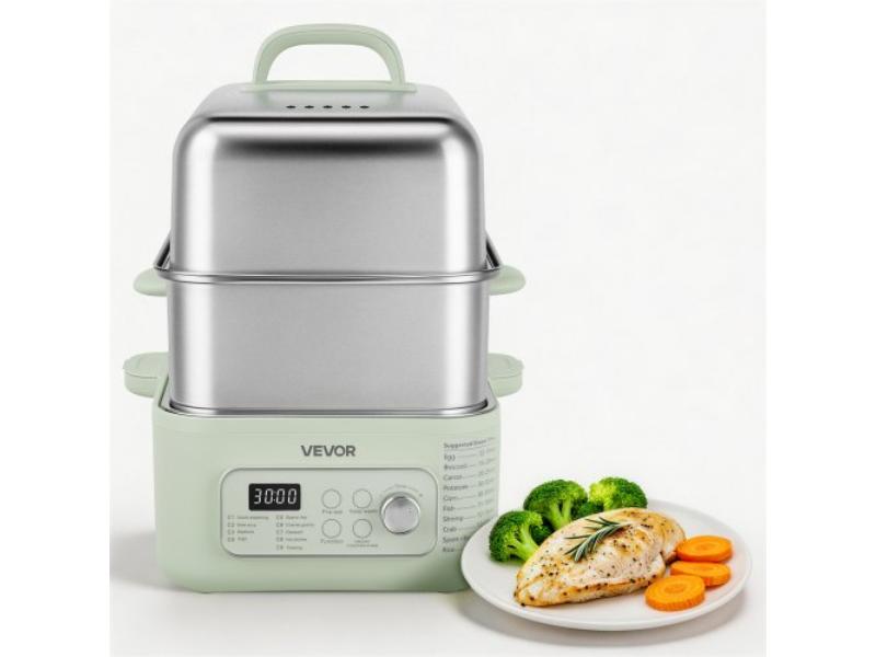 Electric Food Steamer - 13.7 qt. 2-Tier Stainless Steel for 3-6 Servings - 1500W with 9 Pre-Programmed Settings & Keep Warm - Green