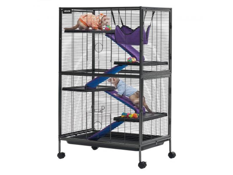 Small Animal Cage - 50 in. 5-Tier Rolling Ferret Cage - 0.55 in. Wire Spacing - Hammock, Ramps, Tray & Doors - Black & Silver