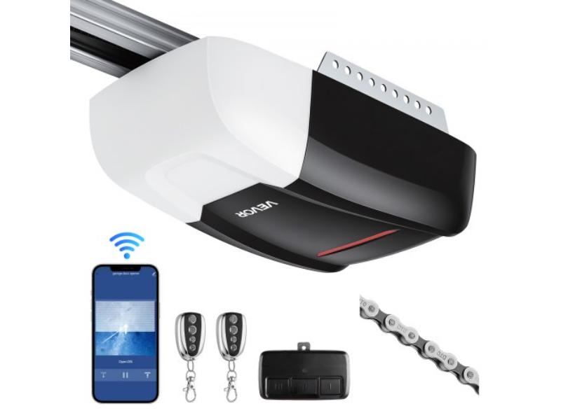 Garage Door Opener - 0.75 HP Heavy Duty Chain Drive Wi-Fi Smart Opener for Residential Garage - Includes Rail - 3 Remotes - Black & White