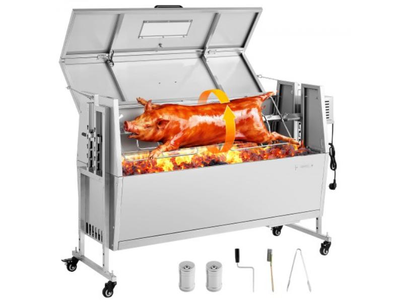 Rotisserie Grill - 38W BBQ Outdoor Pig & Lamb Spit Roaster - Charcoal Spit Roaster with 132 lbs Capacity - Wheels & 4-Level Height - Stainless Steel