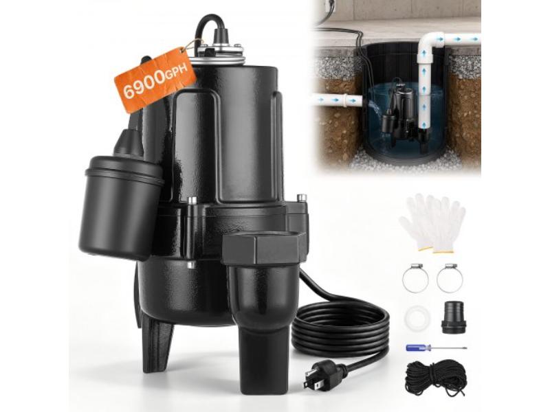 Submersible Sump Pump - 0.5HP 6900 GPH Cast Iron Sewage Effluent Pump for Basement & Septic Tank - Automatic Tethered Float Switch - 20 ft. Lift