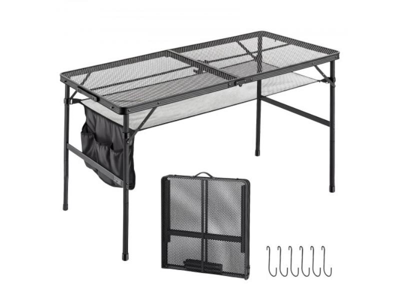 Folding Grill Table - 48 x 24 in. - 120 lbs Capacity - Adjustable Height - Compact for Picnic - BBQ Tailgating with Side Pocket - Black Metal Mesh