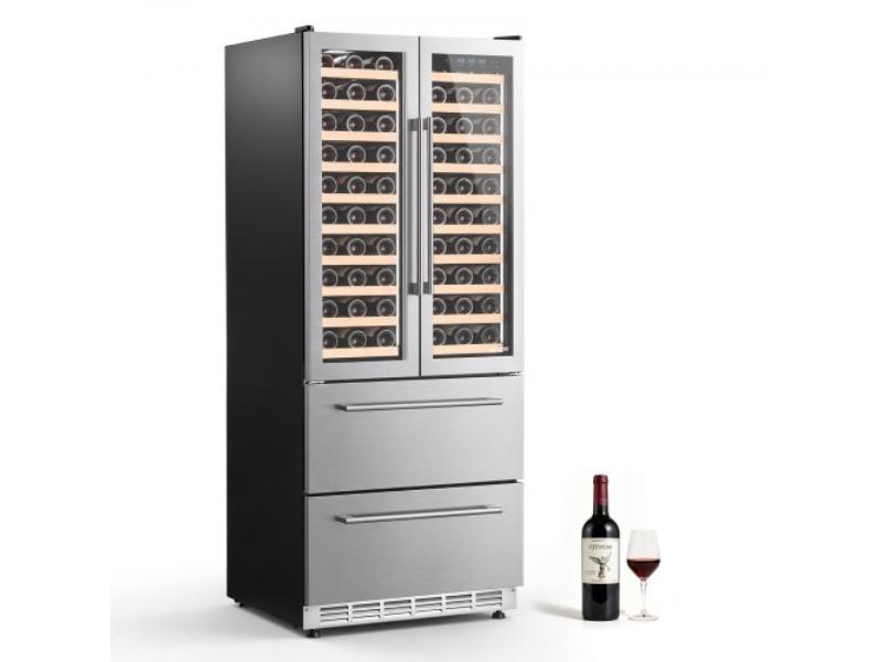 Wine Fridge Beer Cooler Refrigerator - 120 Bottle Capacity - Home Bar - Four-Door & Triple-Zone - Built-in or Freestanding - Glass Door & LED Light