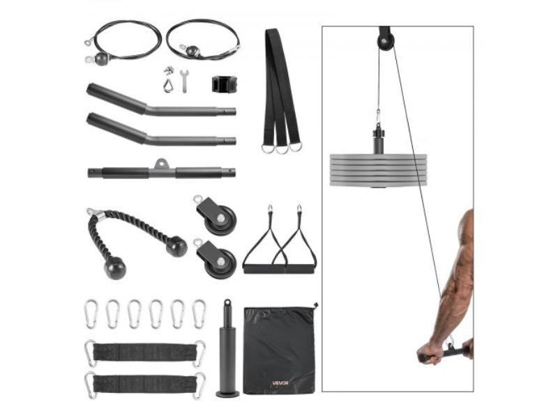 Pulley System LAT & Lift Pulley System - Gym Rack Pulleys with Steel Cables - Short Bar - Dual Grip Handles - Up to 330 lbs Capacity - 2 Piece