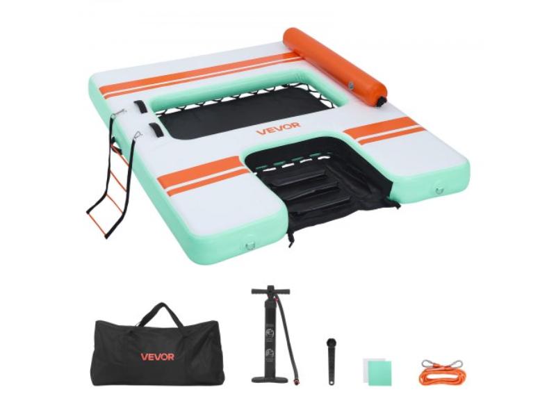 Inflatable Floating Dock - 8 x 6 ft. Non-Slip Water Mat - Carrying Bag & Detachable Ladder - Floating Platform Raft - White, Blue & Orange