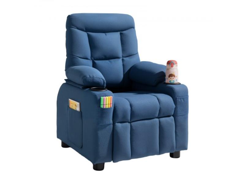 Kids Recliner Chair - Toddler Lounger with Cup Holders - 107 Deg to 126 Deg Adjustable Back - Breathable Polyester Upholstery - Blue