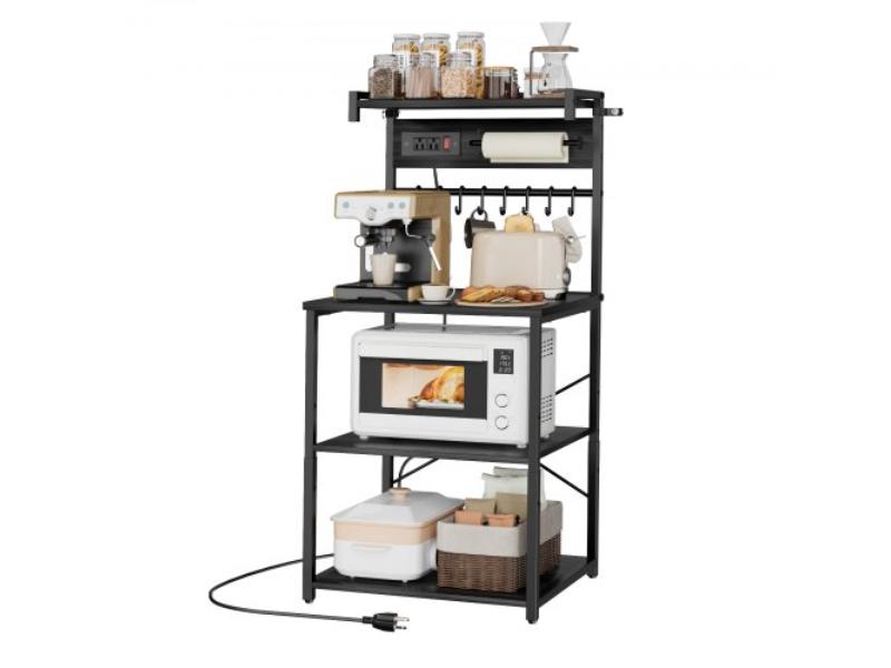 Black Kitchen Bakers Rack - 4.6 ft. Power Cable with Power Outlet - X-Shaped Support Bar - 8 S-Shaped Hooks - Coffee Bar Stand for Dishes