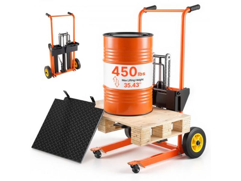 Hydraulic Material Lift Winch Stacker - 450 lbs Load Capacity - 35.4 in. Max Lifting Height - Foldable & Portable - Orange & Black